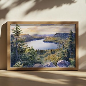 Echo Lake Sunset Painting, Acadia National Park Wall Art, Maine Summer Mountain Artwork, Mount Desert Island Forest Landscape Decor Print