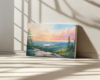Acadia National Park Canvas, Cadillac Mountain Wall Art, Maine Summer Lake Sunrise Print, Appalachian Range Forest Nature Landscape Painting