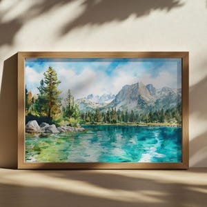 Big Pine Lakes Painting, Turquoise Water Reflection Wall Art, California Summer Mountain Artwork, Lakeside Forest Nature Landscape Art Print