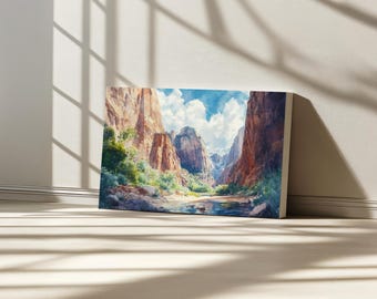 The Narrows Canvas, Zion National Park Wall Art, Utah Summer Red Rock Canyon Artwork, Virgin River Art, Mountain Nature Landscape Painting