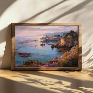 Afdrukbaar schilderij Point Lobos, natuurmuurkunst kust van Californië, Monterey Peninsula Bay klaprozen zonsopgang, wilde bloemen Stille Oceaan, lente