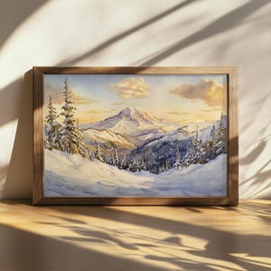 Printable Mount Rainier National Park Sunset Painting, Washington Mountain Wall Art, Pacific Northwest Winter, Snow Forest Nature Artwork