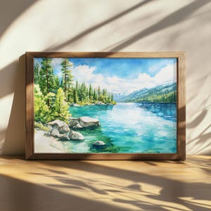 Printable Lake Tahoe Painting, Turquoise Water Reflection Wall Art, California Summer Nature Artwork, Sierra Nevada Mountain Forest Print