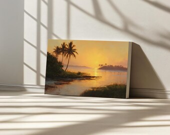 Lienzo con atardecer en el Parque Nacional Biscayne, arte mural de la costa tropical de Florida, arte de manglares de verano, pintura de paisaje natural con palmeras en la playa