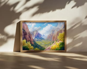 Angels Landing Painting, Zion National Park Wall Art, Utah Autumn Fall Foliage Artwork, Red Rock Mountain Canyon, Zion Valley Landscape Art