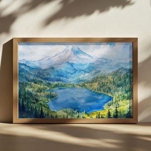 Peinture du parc national du Mont Rainier, art mural Summit Lake, oeuvre d&#39;art de la chaîne des cascades de l&#39;été Washington, impression paysage nature forêt de montagne