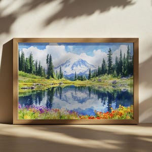 Mount Rainier National Park Painting, Reflection Lakes Wall Art, Washington Spring Wildflower Art, Mountain Forest Nature Landscape Print