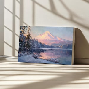 Mount Hood Canvas, Trillium Lake Reflection Wall Art, Oregon Winter Snow Sunrise Art Print, Cascade Range Mountain Forest Landscape Painting