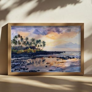 Big Island Sunset Painting, Kailua Kona Volcanic Coast Wall Art, Hawaii Summer Palm Tree Artwork, Hawaiian Ocean Beach Nature Landscape Art