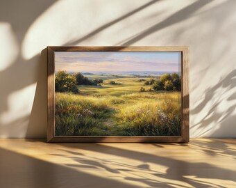 Printable Flint Hills Sunrise Painting, Tallgrass Prairie National Preserve Wall Art, Kansas Spring Wildflower Art, Midwest Grassland Print