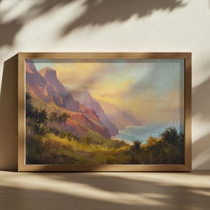 Na Pali Coast Painting, Kauai Napali Ocean Wall Art, Hawaii Tropical Island Summer Sunset Art, Mountain Valley Forest Nature Landscape Print