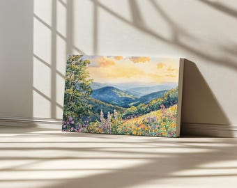Lienzo del Parque Nacional Shenandoah, Arte mural de las Montañas Blue Ridge, Lámina de flores silvestres de primavera de Virginia, Pintura de puesta de sol en el bosque de las Tierras Altas de los Apalaches