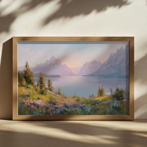 Jenny Lake Gemälde, Grand Teton National Park Wandkunst, Wyoming Frühling Wildblumen Sonnenaufgang Kunstwerk, Bergwald Natur Landschaft Druck