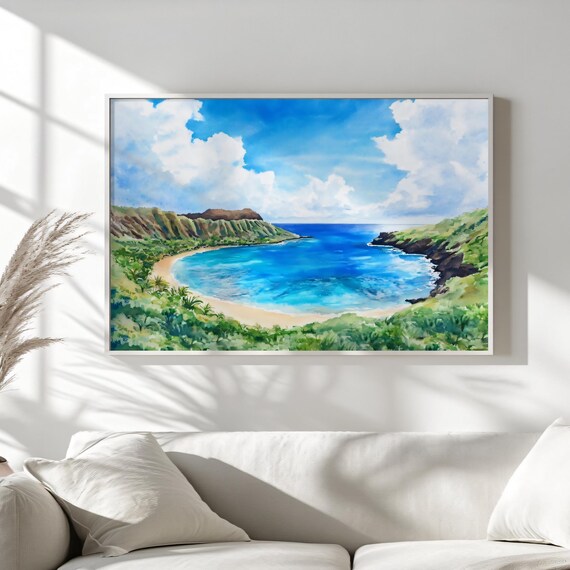 ハナウマ湾の絵画、ハワイの青い海の壁画、ホノルルの夏の砂浜のアート