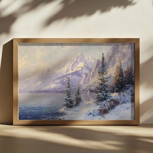 Jenny Lake Gemälde, Grand Teton National Park Wandkunst, Wyoming Winter Schnee Sonnenaufgang Kunstwerk, Gebirgskette Wald Natur Landschaft Druck