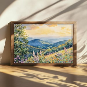 Printable Shenandoah National Park Painting, Blue Ridge Mountain Wall Art, Virginia Spring Wildflower, Appalachian Highland Forest Sunset