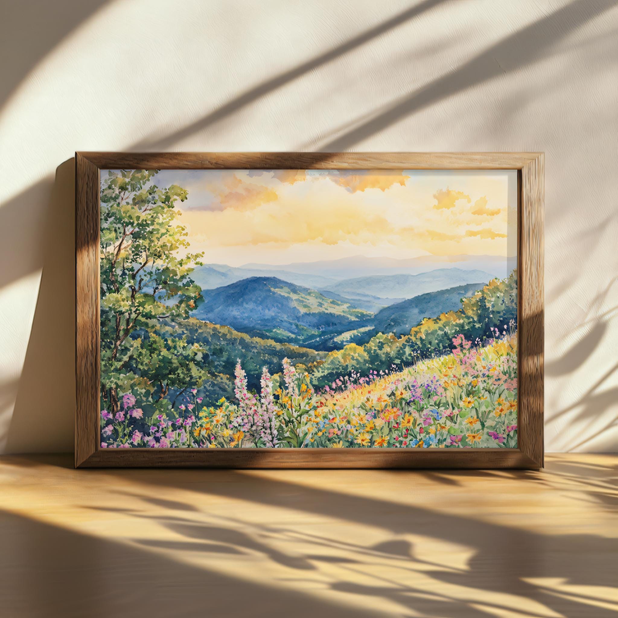 Printable Shenandoah National Park Painting, Blue Ridge Mountain Wall Art, Virginia Spring Wildflower, Appalachian Highland Forest Sunset