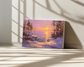 Lake Superior Canvas, Great Lakes of North American Wall Art, Minnesota Winter Snow Print, Frozen Lakeside Sunset Nature Landscape Painting