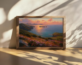 Printable Channel Islands National Park Sunset Painting, California Island Coastal Wall Art, Spring Wildflower Artwork, Ocean Nautical Print