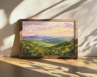 Printable Adirondack Mountains Sunrise Painting, Adirondack High Peaks Wall Art, New York Summer Pink Sky Artwork, Forest Nature Landscape