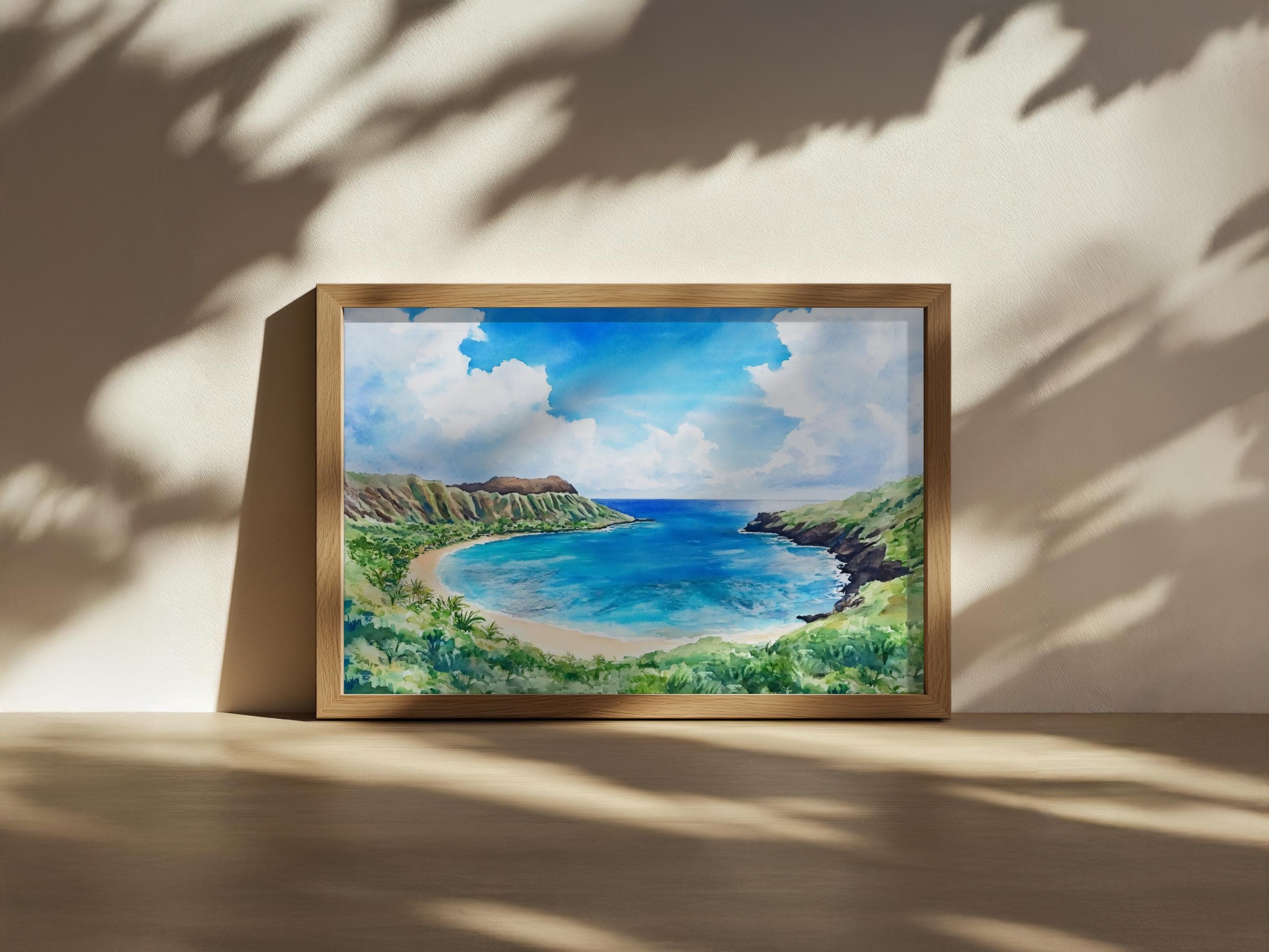 ハナウマ湾の絵画、ハワイの青い海の壁画、ホノルルの夏の砂浜のアート