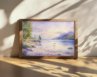Cuadro imprimible del Parque Nacional de los Glaciares, arte mural del amanecer en el lago McDonald, obra de arte con flores silvestres de primavera en Montana, impresión de naturaleza junto al lago en las montañas.