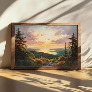Printable Cadillac Mountain Painting, Acadia National Park Sunset Wall Art, Maine Summer Mountain Artwork, Appalachian Forest Ocean Sunset