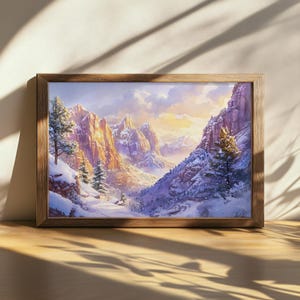 Pintura imprimível do Parque Nacional de Zion, pôr do sol, arte de parede do deserto nevado de Utah, linda tela de nuvem de neve, arte de queda de neve em montanha de arenito