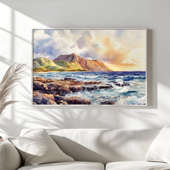 ココヘッドの絵画、ハワイ沿岸の海の壁掛けアート、ハワイの夏の山の