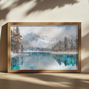 Big Pine Lakes Painting, Turquoise Water Reflection Wall Art, California Winter Snow Artwork, Lakeside Mountain Forest Nature Landscape Art