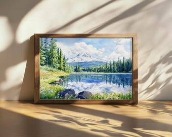 Dipinto stampabile del Monte Hood, Riflesso dell'acqua del lago Trillium, Opera d'arte con fiori selvatici primaverili dell'Oregon, Natura della foresta montana in riva al lago
