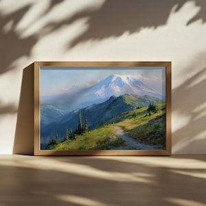 マウント・レーニア国立公園の絵画、カスケード山脈の壁画、ワシントン州の夏のハイキングのアートワーク、雪山の森の自然風景のプリント