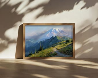 Mount Rainier National Park Painting, Cascade Range Wall Art, Washington Summer Hiking Artwork, Snow Mountain Forest Nature Landscape Print
