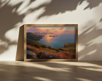 Channel Islands National Park Sunset Painting, California Island Coastal Wall Art, Spring Wildflower Artwork, Ocean Nautical Landscape Print