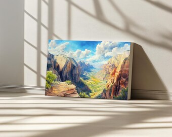 Angels Landing Canvas, Zion National Park Wall Art, Utah Red Rock Mountain Summer Artwork, Desert Sandstone Valley Nature Landscape Painting