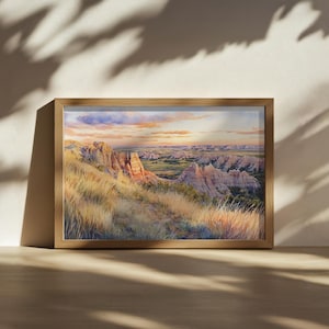 Badlands National Park Painting, Pinnacles Overlook Wall Art, South Dakota Summer Sunset Artwork, Canyon Prairie Field Nature Landscape Art