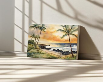 Big Island Canvas, Hawaii Blue Ocean Wall Art, Volcanic Rock Summer Sandy Beach Artwork, Hawaiian Island Palm Tree Sunset Landscape Painting
