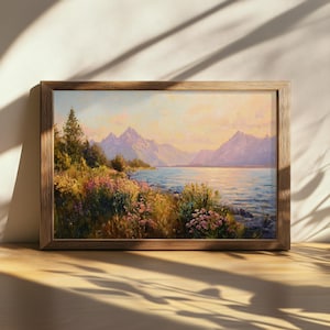 Druckbare Jenny See Malerei, Grand Teton National Park Wandkunst, Wyoming Frühling Wildblumen Kunstwerk, Bergwald Sonnenuntergang Naturdruck