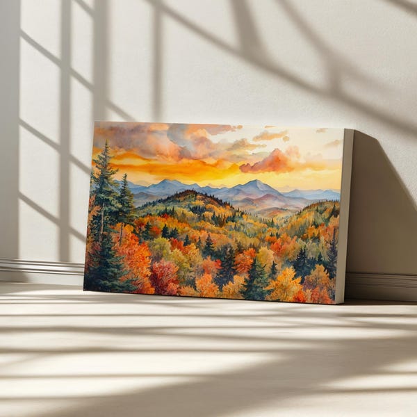 Adirondack Mountains Sunset Canvas, Adirondack High Peak Wall Art, New York Autumn Fall Foliage Artwork, Forest Nature Landscape Painting