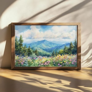 Printable Mount Mitchell Painting, Blue Ridge Mountain Wall Art, North Carolina Spring Wildflower Artwork, Appalachian Forest Nature Print