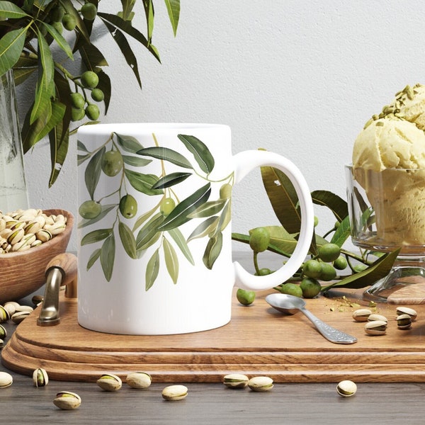 Lush Olive Leaves Mug, Mediterranean Coffee Mug, Rustic Olive Tea Cup, Nature Mug, Garden Lover Gift, Olive Lover Gift