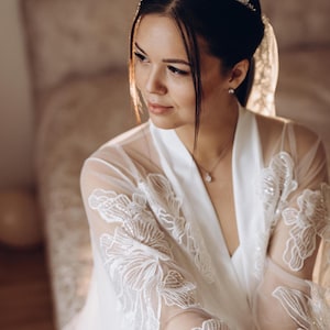 Lace wedding robe bride, maxi bridal robe, boudoir robe train,  long bride robe, wedding party robe, transparent maxi bridal robe