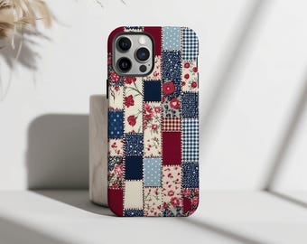 Vintage floral phone case, red and navy patchwork quilt design for farmhouse aesthetic, perfect gift for vintage lovers
