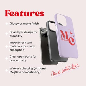 May include: A purple phone case with a red "MyCovrly" logo and a white star. The case is made with a dual-layer design for durability and has clear open ports for connectivity. The text "Made with Love" is written in red cursive on the bottom of the case.