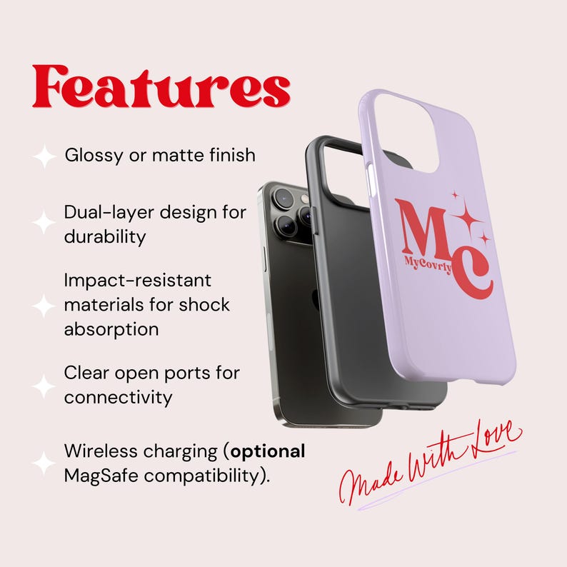 May include: A purple phone case with a red "MyCovrly" logo and a white star. The case is made with a dual-layer design for durability and has clear open ports for connectivity. The text "Made with Love" is written in red cursive on the bottom of the case.