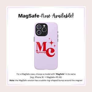 May include: A lavender phone case with a red "Me" logo and a white background. The case is compatible with MagSafe.