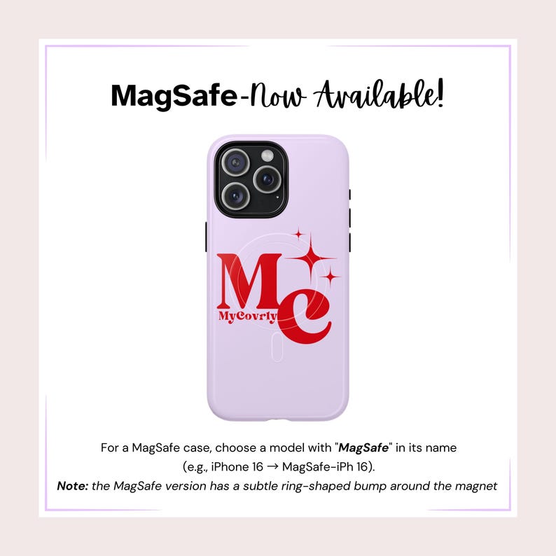 May include: A lavender phone case with a red "Me" logo and a white background. The case is compatible with MagSafe.