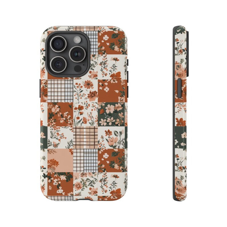 Neutral phone case with plaid and floral patchwork design, earthy tones accessory for everyday use, perfect gift for cozy aesthetics image 5