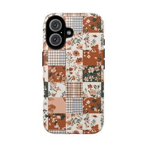 Neutral phone case with plaid and floral patchwork design, earthy tones accessory for everyday use, perfect gift for cozy aesthetics image 6