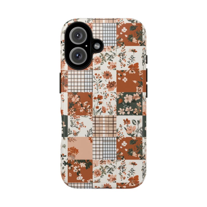 Neutral phone case with plaid and floral patchwork design, earthy tones accessory for everyday use, perfect gift for cozy aesthetics image 6